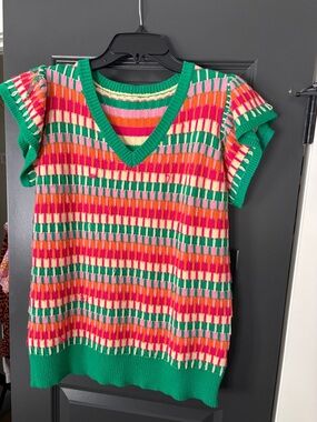 Colorblock Knit V-Neck Sweater Vest in Pink, Green & Cream